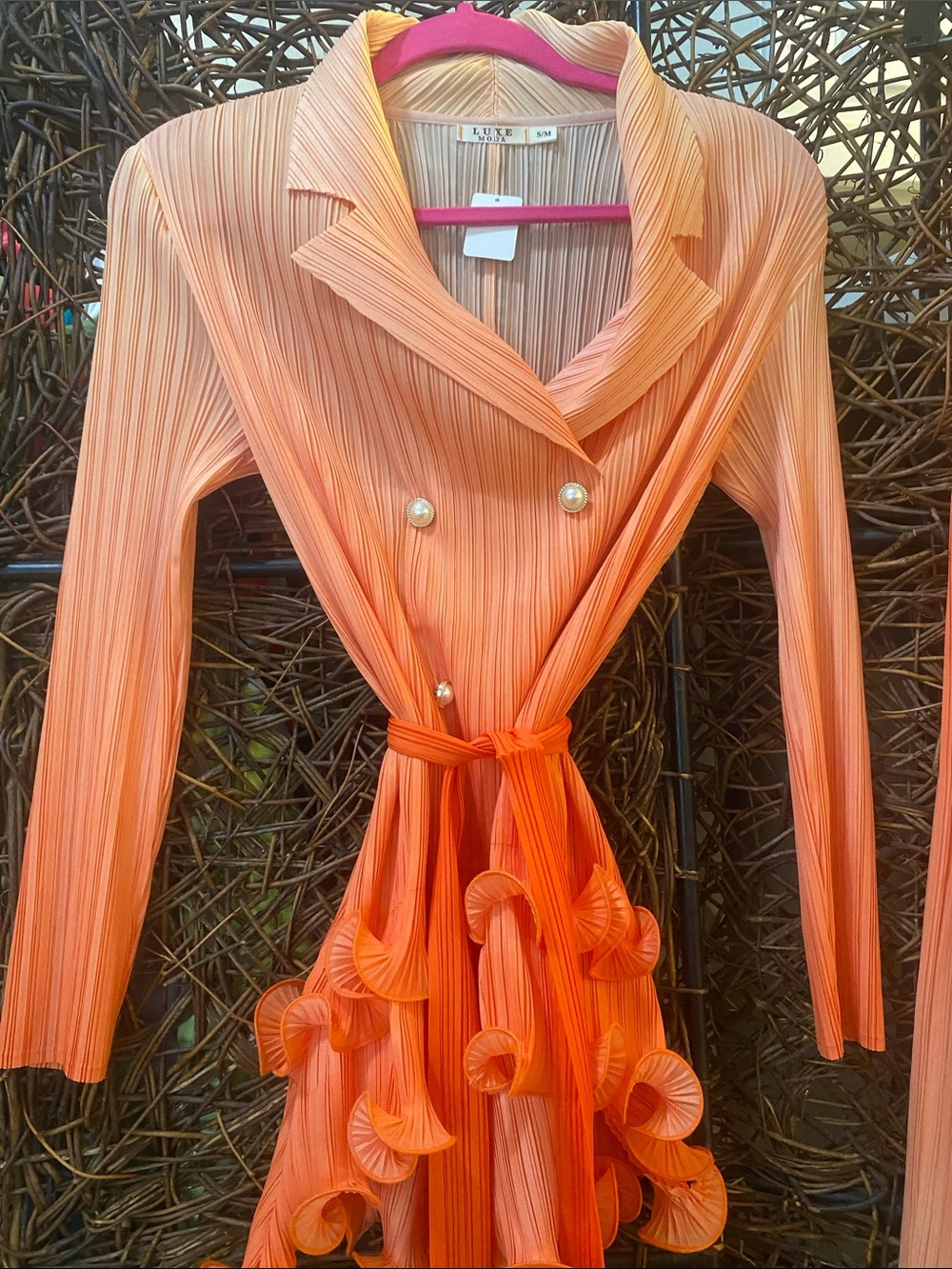 Orange Pleated Double-Breasted Ruffle Wrap Jacket and Pant set